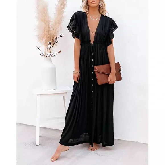 SOLD OUT Black Gauze Boho Raw Hem Button Maxi Dress - Picture 2 of 8